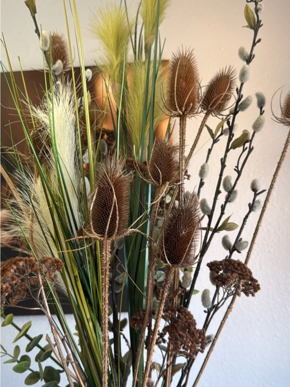 Purple Glass Decorative Floor Vase with Dried Floral Arrangement